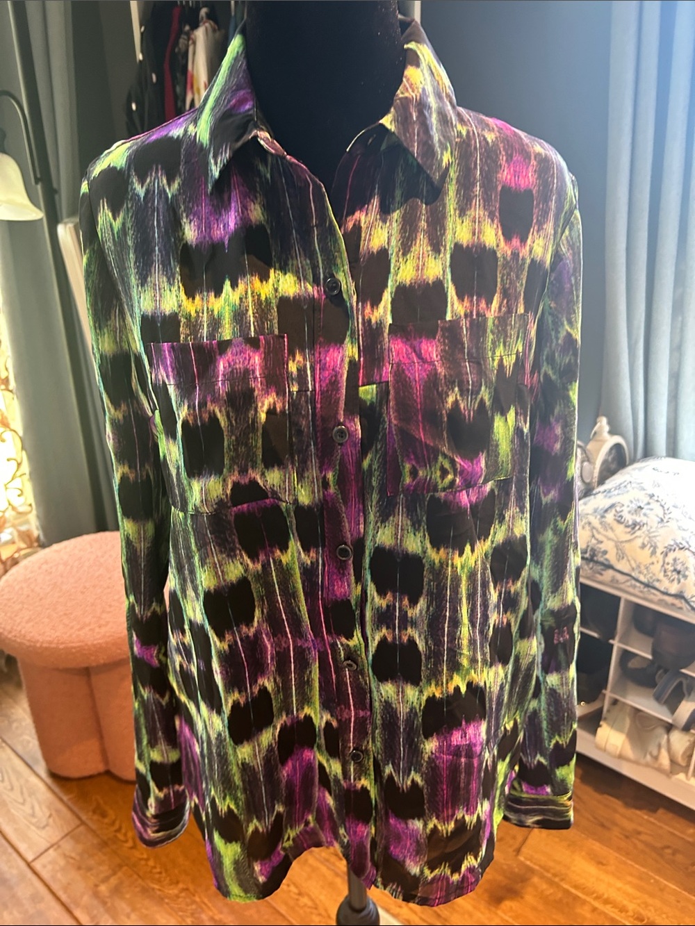 L'Amour Neon Brushstroke Button-Down Blouse - Black, Purple, Yellow, Green